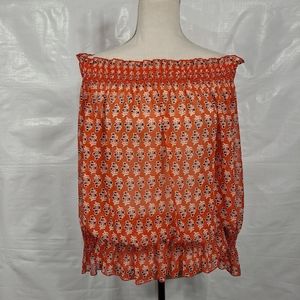 Tory Burch Orange Smocked Off The Shoulders Long Sleeve Top